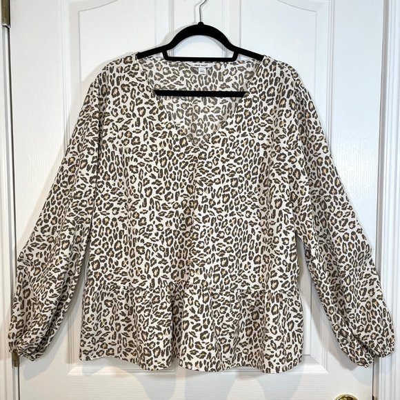 Leopard Print Peplum V-Neck Balloon Long Sleeve Blouse - XXL - Picture 1 of 9